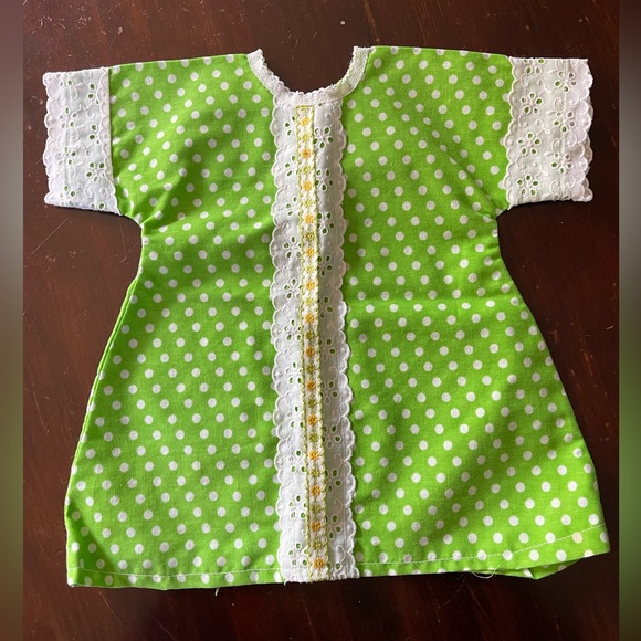 Handmade Other - Vintage Baby Dress Green Polka Dot with Lace Trim Handmade 70’s Peasant